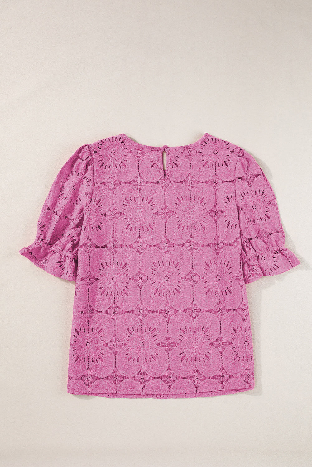 Bright Pink Flower Eyelet Jacquard Keyhole Flounce Sleeve Top