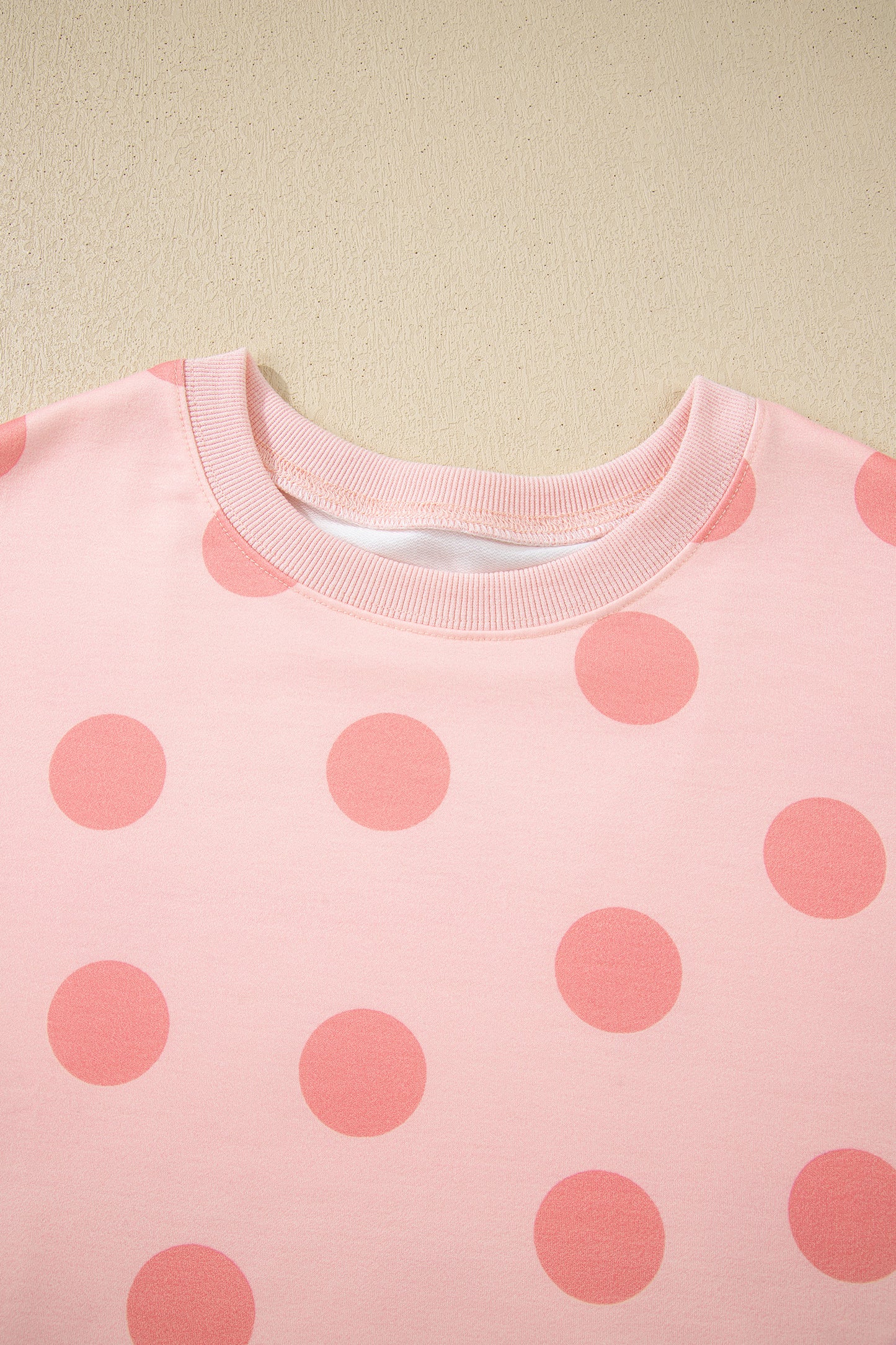 Beige Polka Dot Print Drop Shoulder Pullover Drawstring Shorts Set