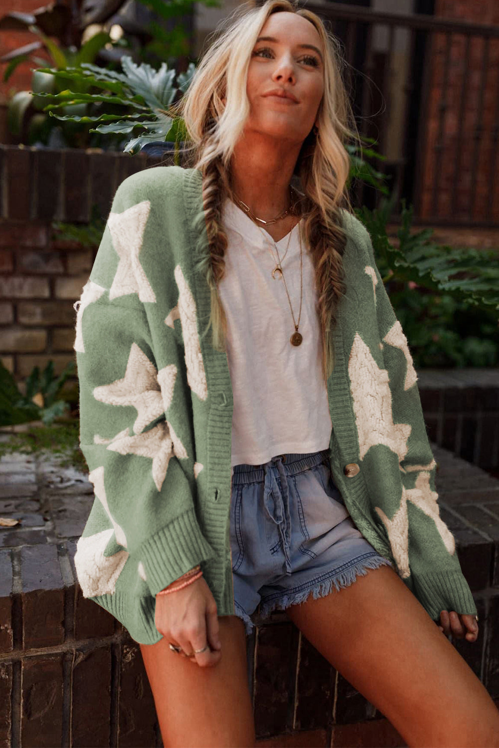 Green Sherpa Star Pattern Textured Sweater Cardigan with Pockets