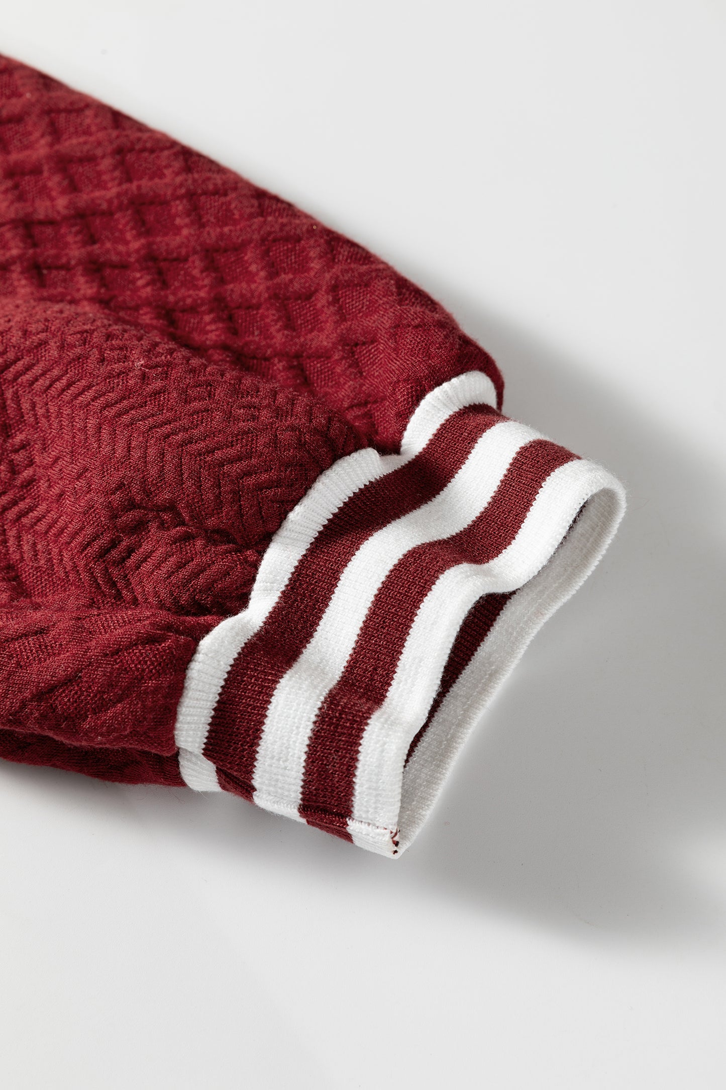 Racing Red Rhombus Textured Striped Patchwork Zip Neck Pullover Sweatshirt