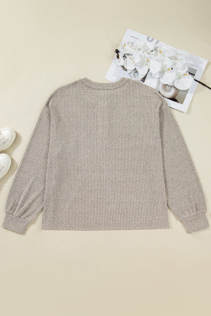 Simply Taupe Plus Size Ribbed Knit Kangaroo Pocket Henley Long Sleeve Top