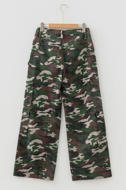 Green Camo Denim Cargo Wide Leg Pants