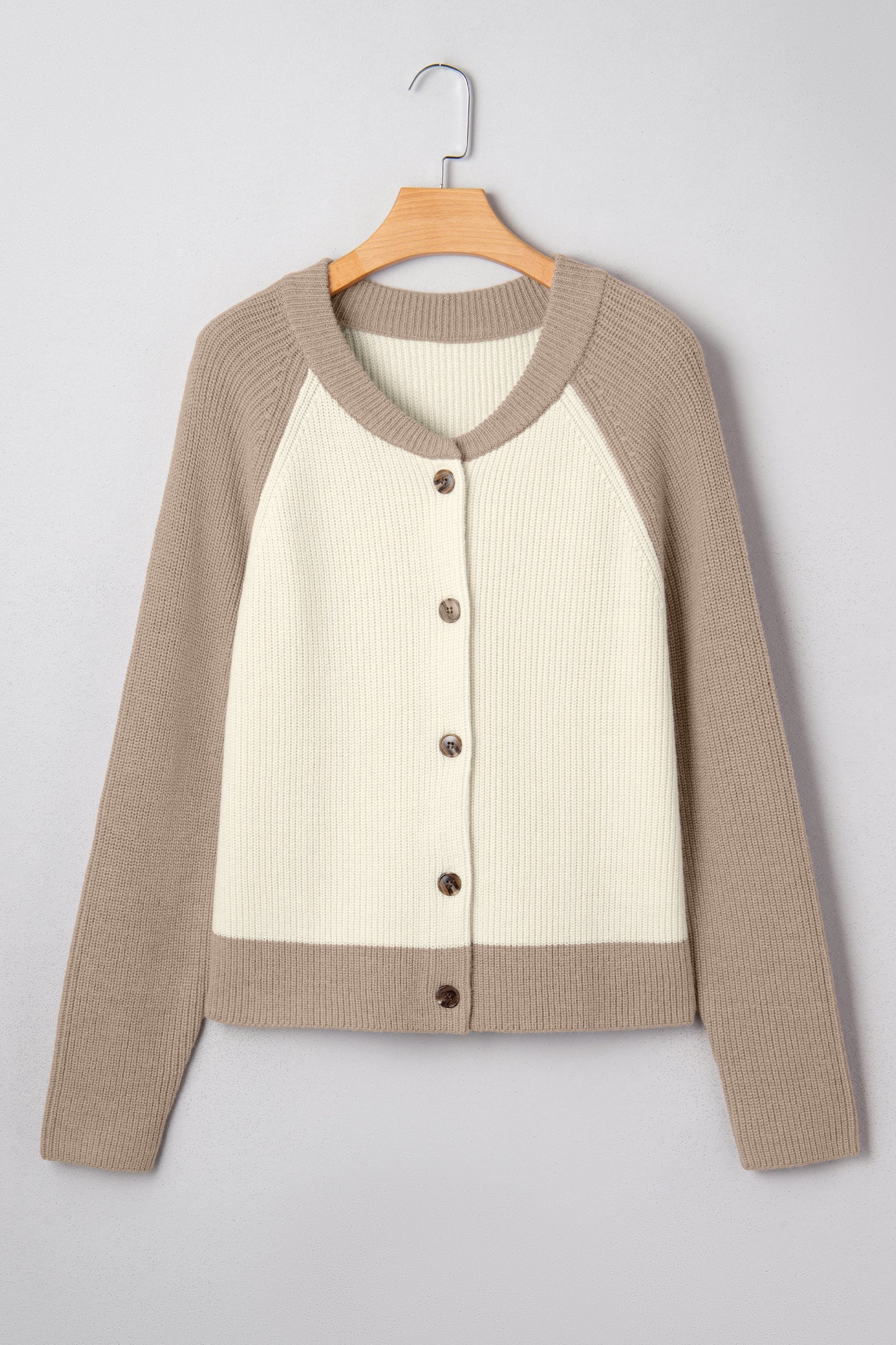 White Color Block Ribbed Knit Button Down Sweater Cardigan