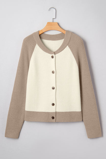 White Color Block Ribbed Knit Button Down Sweater Cardigan