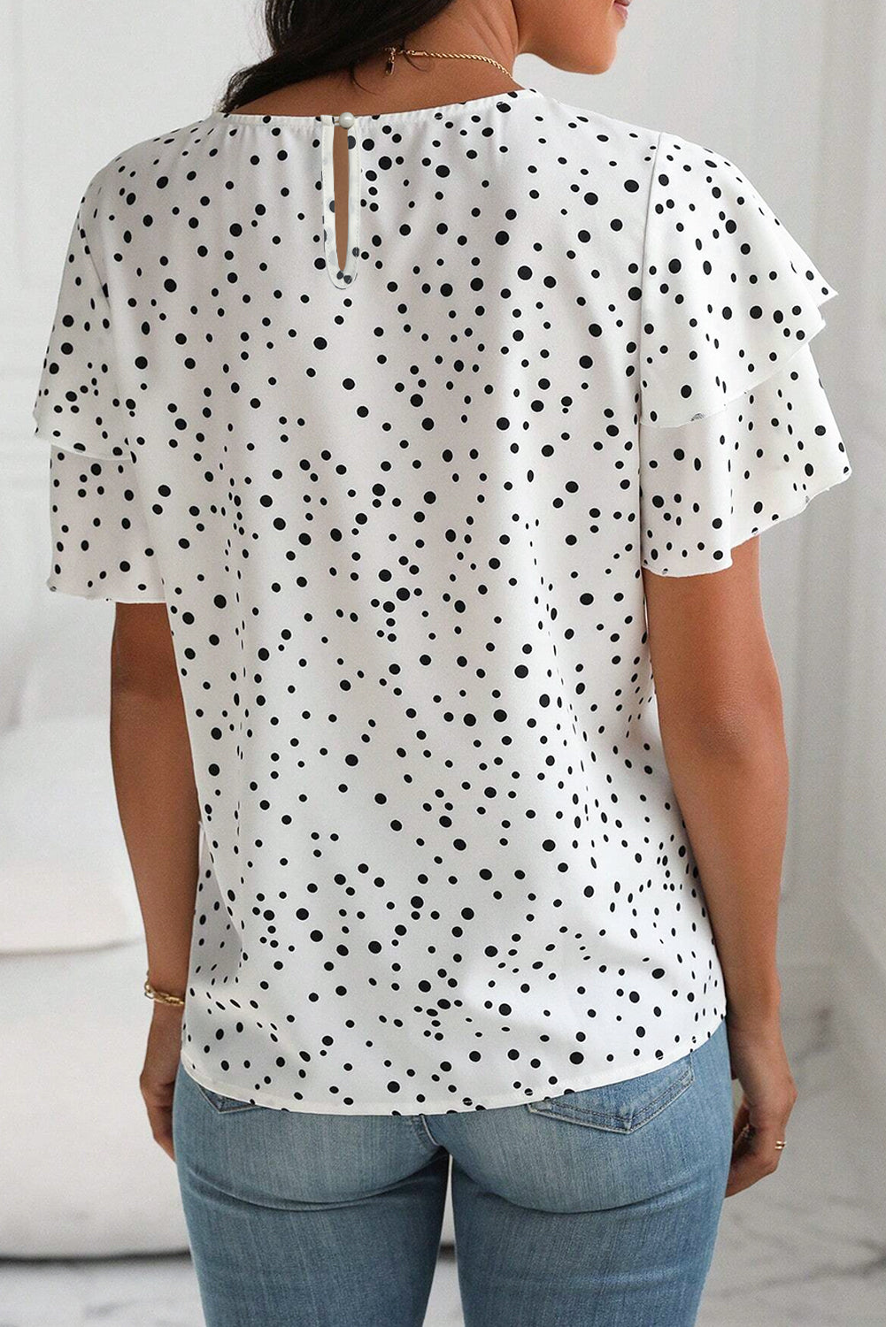 White Dalmatian Print Layered Ruffled Short Sleeve Blouse