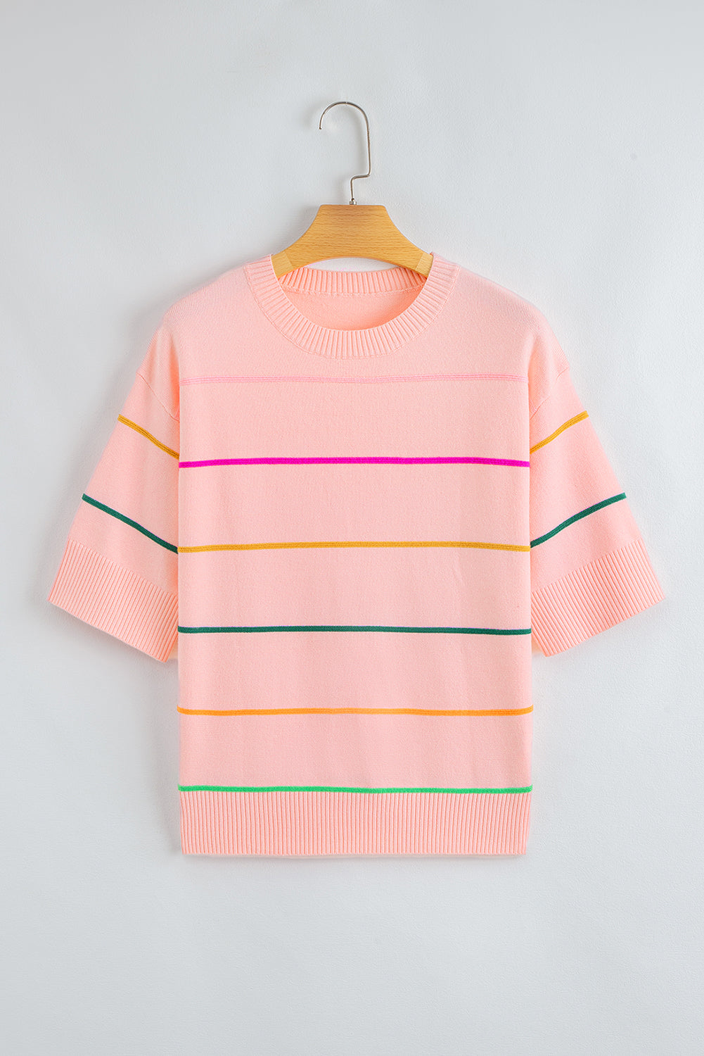 Pink Colorblock Striped Half Sleeve Drop Shoulder Sweater