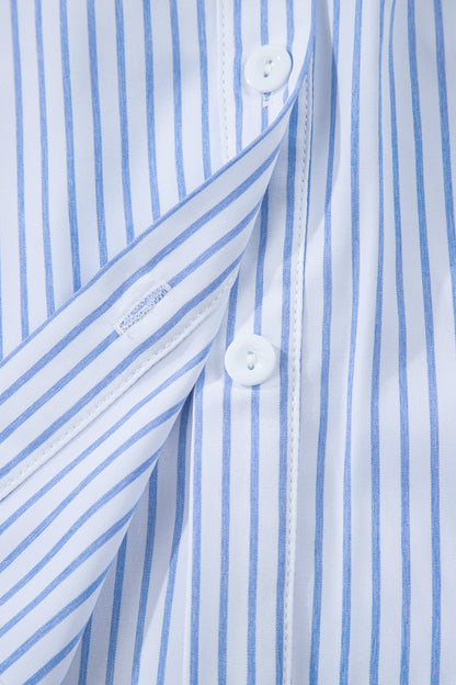 Sky Blue Stripe Floral Embroidered Billowy Sleeve Tunic Baggy Shirt