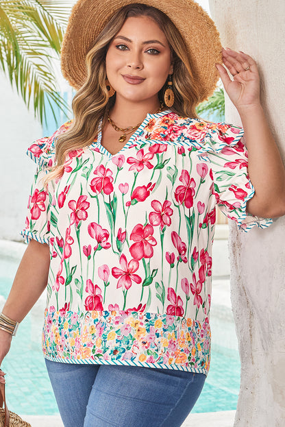 Pink Plus Size Floral Print Striped Trim V Neck Blouse