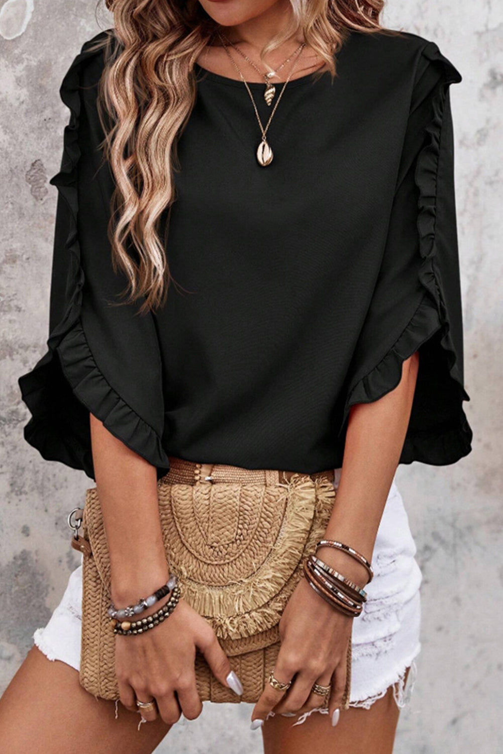 Black Ruffle Trimmed 3/4 Sleeve Round Neck Blouse