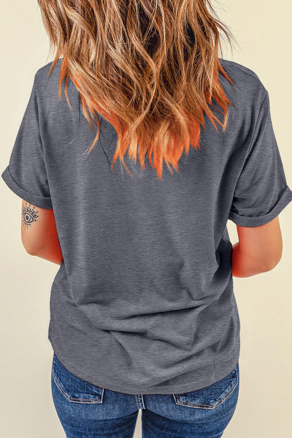 Gray US Flag Bow Print Round Neck Loose T Shirt