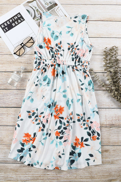 White Gray Floral Printed Sleeveless Button Up High Waist Mini Dress