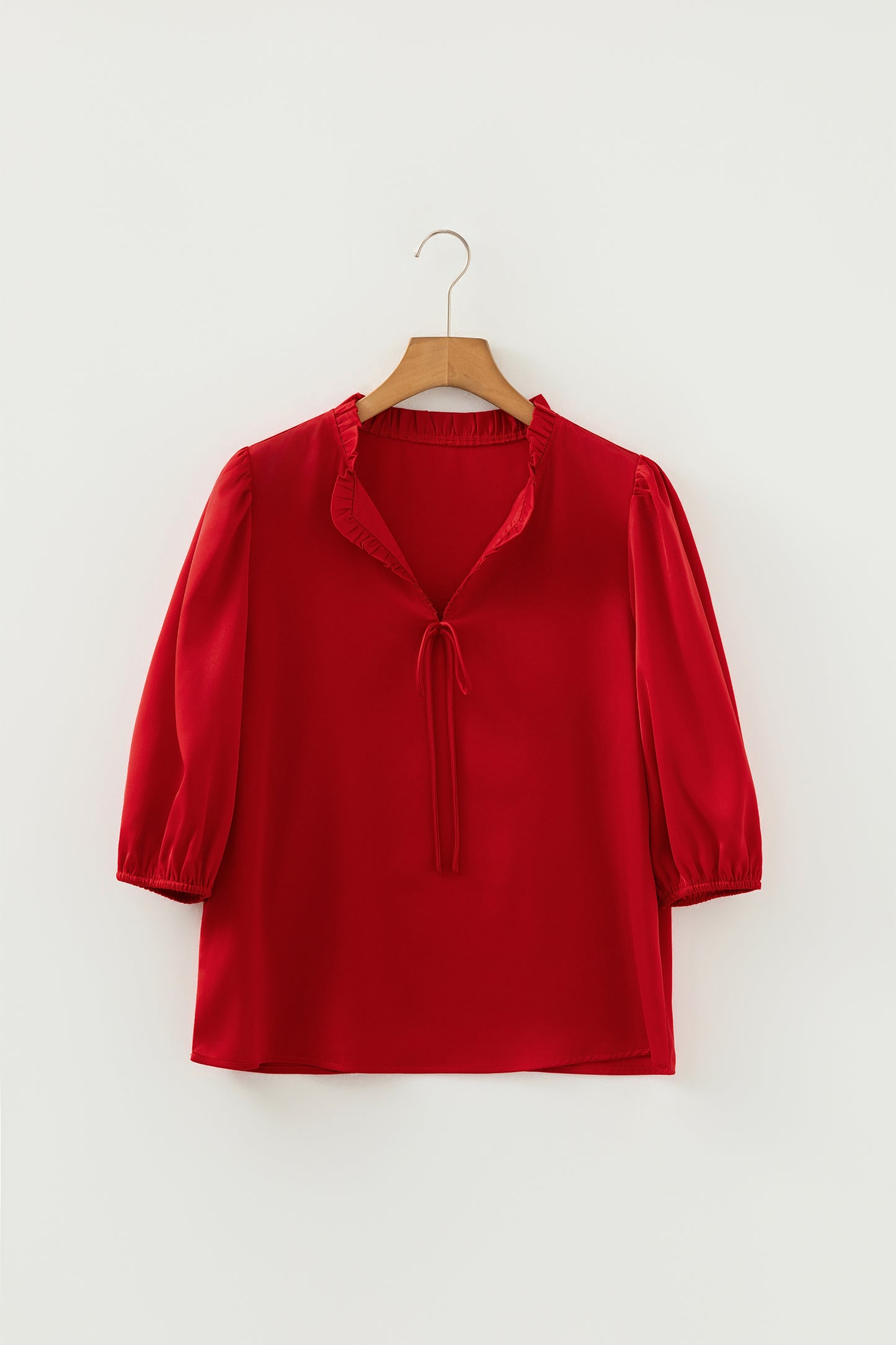 Fiery Red Solid Color Frilled V Neck Bow Detail 3/4 Sleeve Blouse