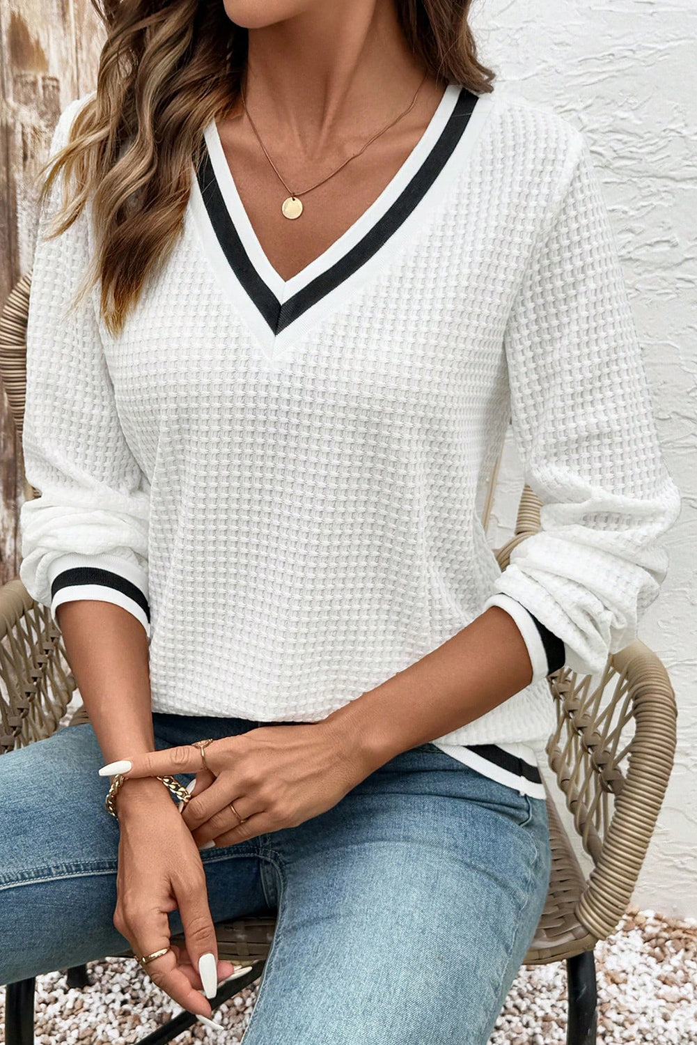 White Textured Knit Preppy Striped Trim V Neck Pullover Waffle Top