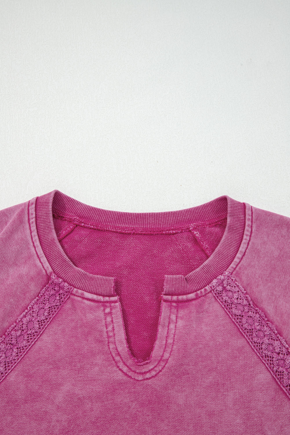 Rose Red Lace Patchwork Detail Notched Neck Mineral Wash Baggy Sweatshirt