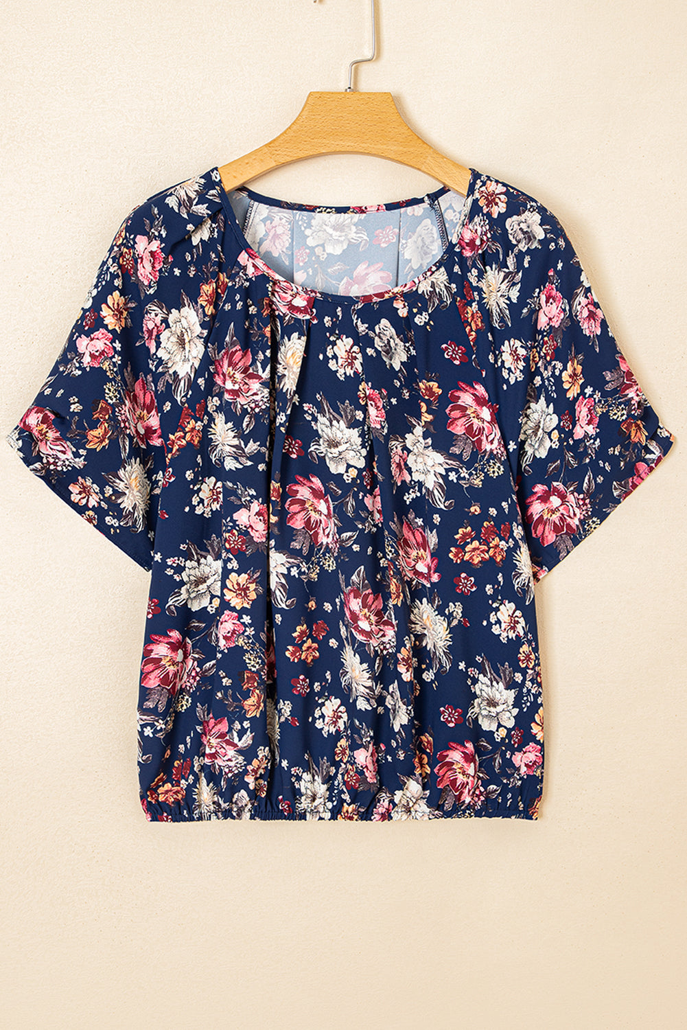 Blue Floral Short Sleeve Scoop Neck Casual Blouse
