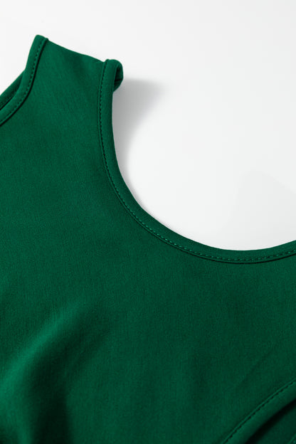 Blackish Green Solid Color Round Neck Ruched Detail Sleeveless Mini Dress