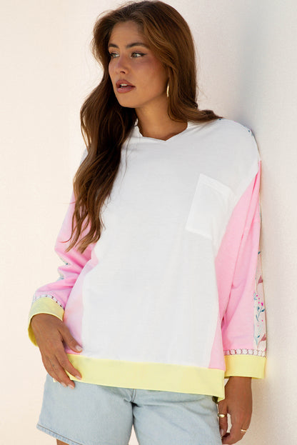 Light Pink Floral Colorblock Patchwork Chest Pocket Notched Neck Long Sleeve Top
