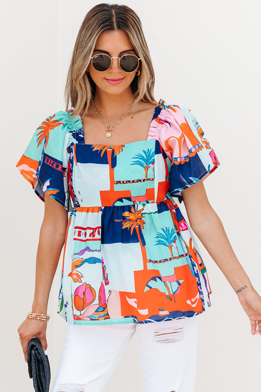 Sky Blue Tropical Printed Square Neck Flutter Sleeve Babydoll Blouse