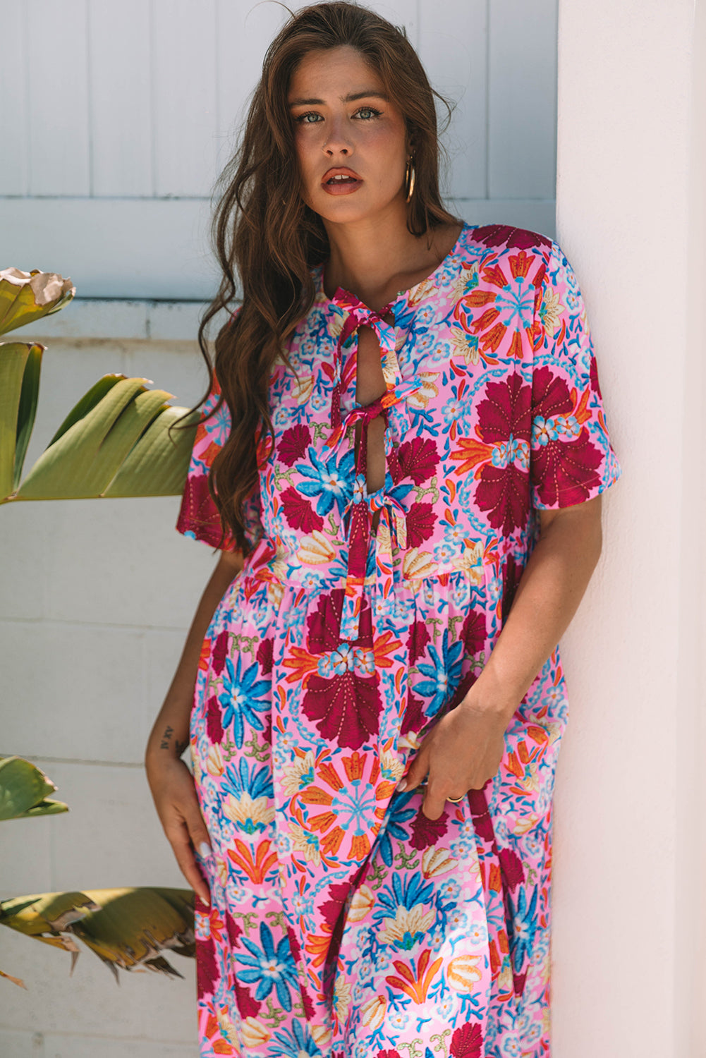 Rose Floral Tied Front High Waist Short Sleeve Loose Long Dress
