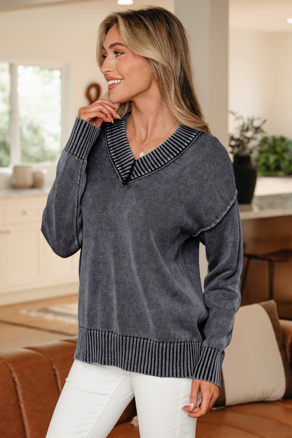 Black Mineral Wash V Neck Knit Exposed Seam Drop Shoulder Loose Sweater