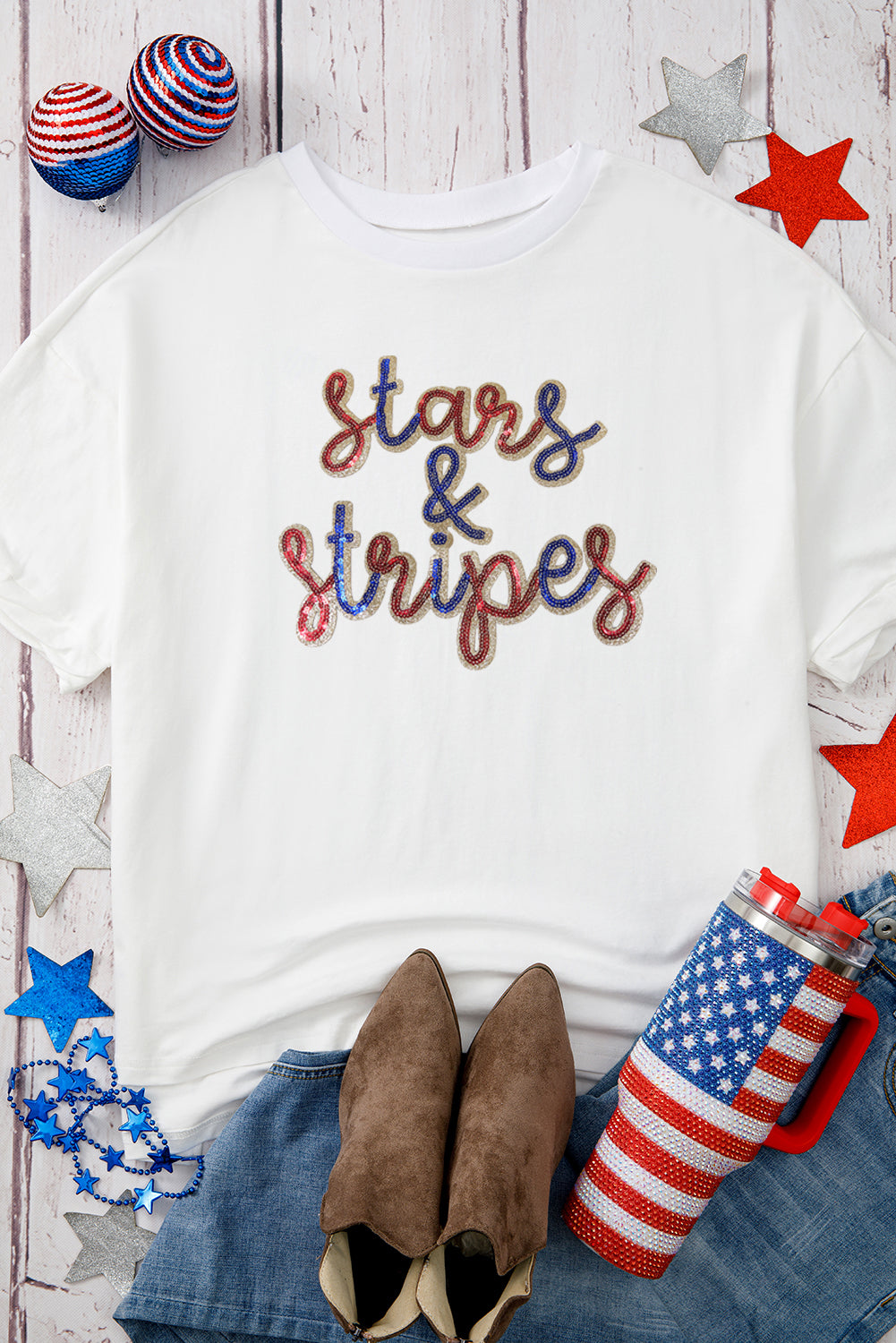 White Sequin stars & stripes Graphic Drop Shoulder Loose T Shirt