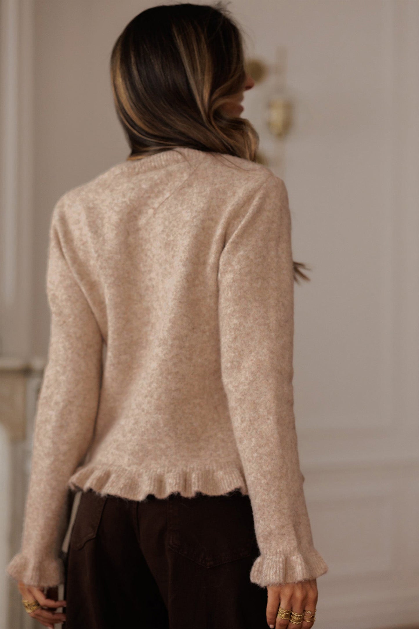 Oatmeal Ruffle Trim Gold Button Sweater Cardigan