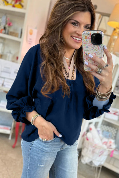 Violet Leopard Trim V Neck Flounced Bracelet Sleeve Blouse