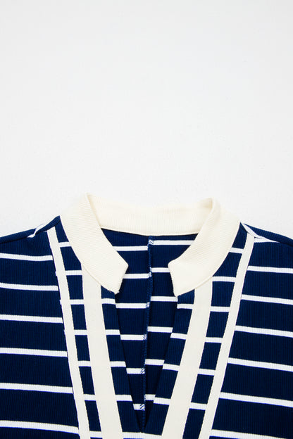 White Stripe Stand Collar V Neck Elastic Cuffs Half Sleeve Dolman Top