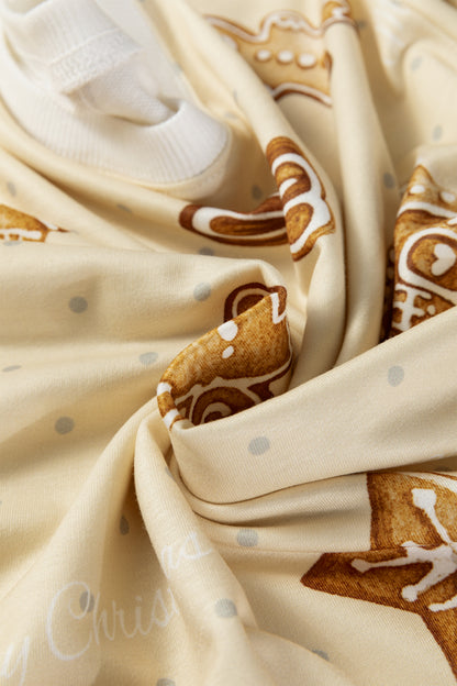 Beige Gingerbread Man Christmas Print Long Sleeve Pullover Lounge Short Set