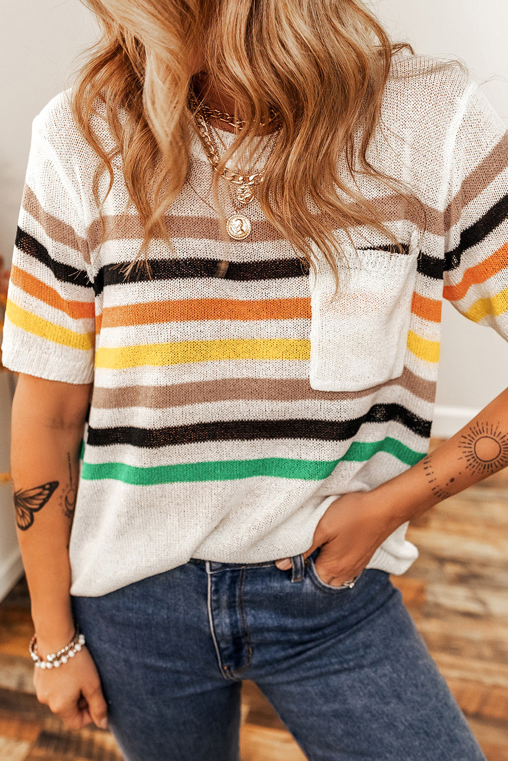 White Striped Pocketed Loose Fit Crewneck Knitted T Shirt