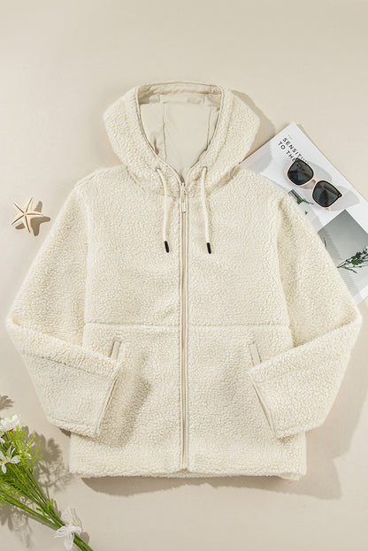 Pale Khaki Fleece Zip Up Drawstring Hooded Pocketed Jacket
