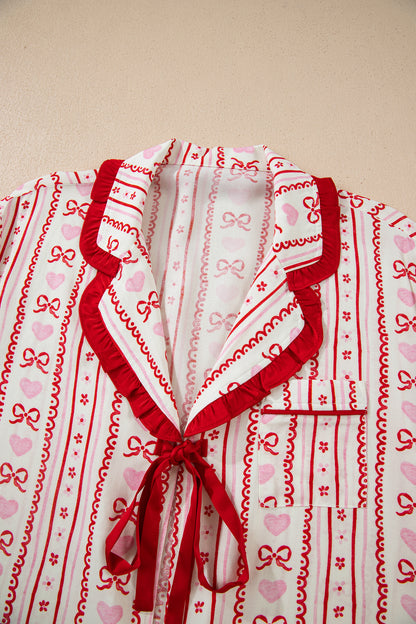 Red Sweet Floral Heart Bow Print Contrast Trim Long Sleeve Shirt Pajama Short Set