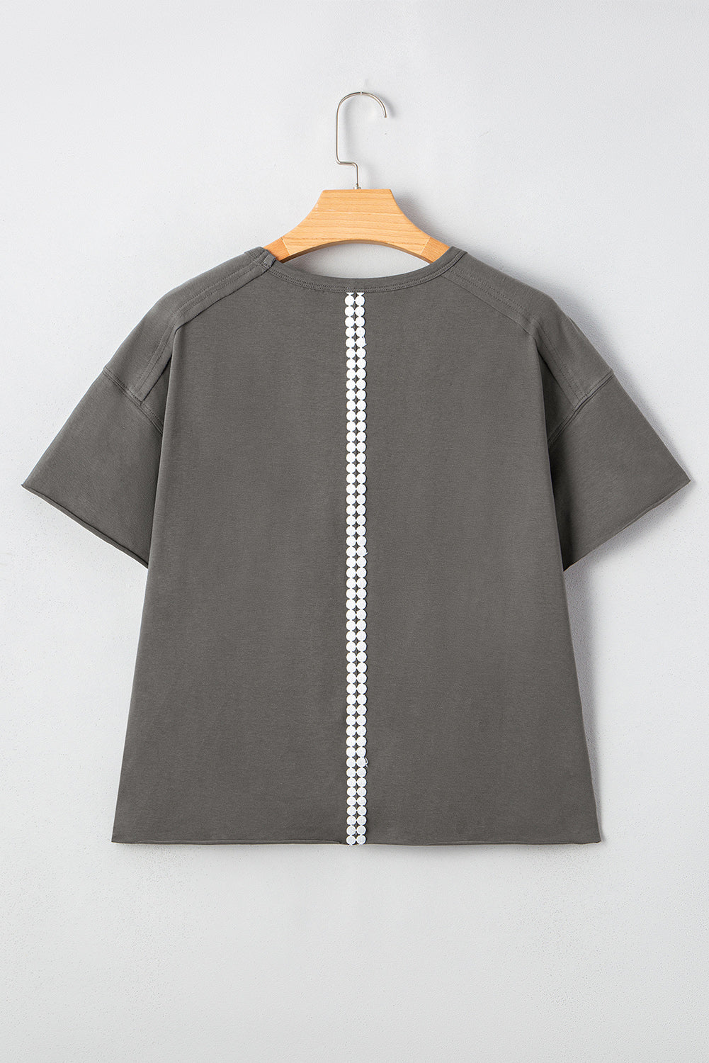 Medium Grey Lace Bow Raw Edge Drop Shoulder Casual T Shirt