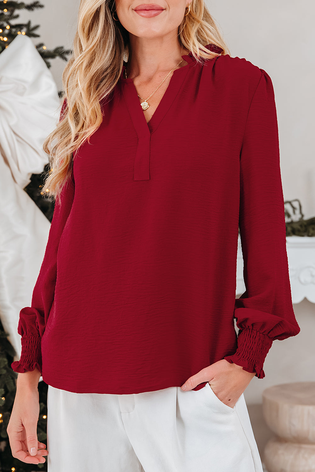 Burgundy Notched Neck Shirred Cuff Long Sleeve Blouse