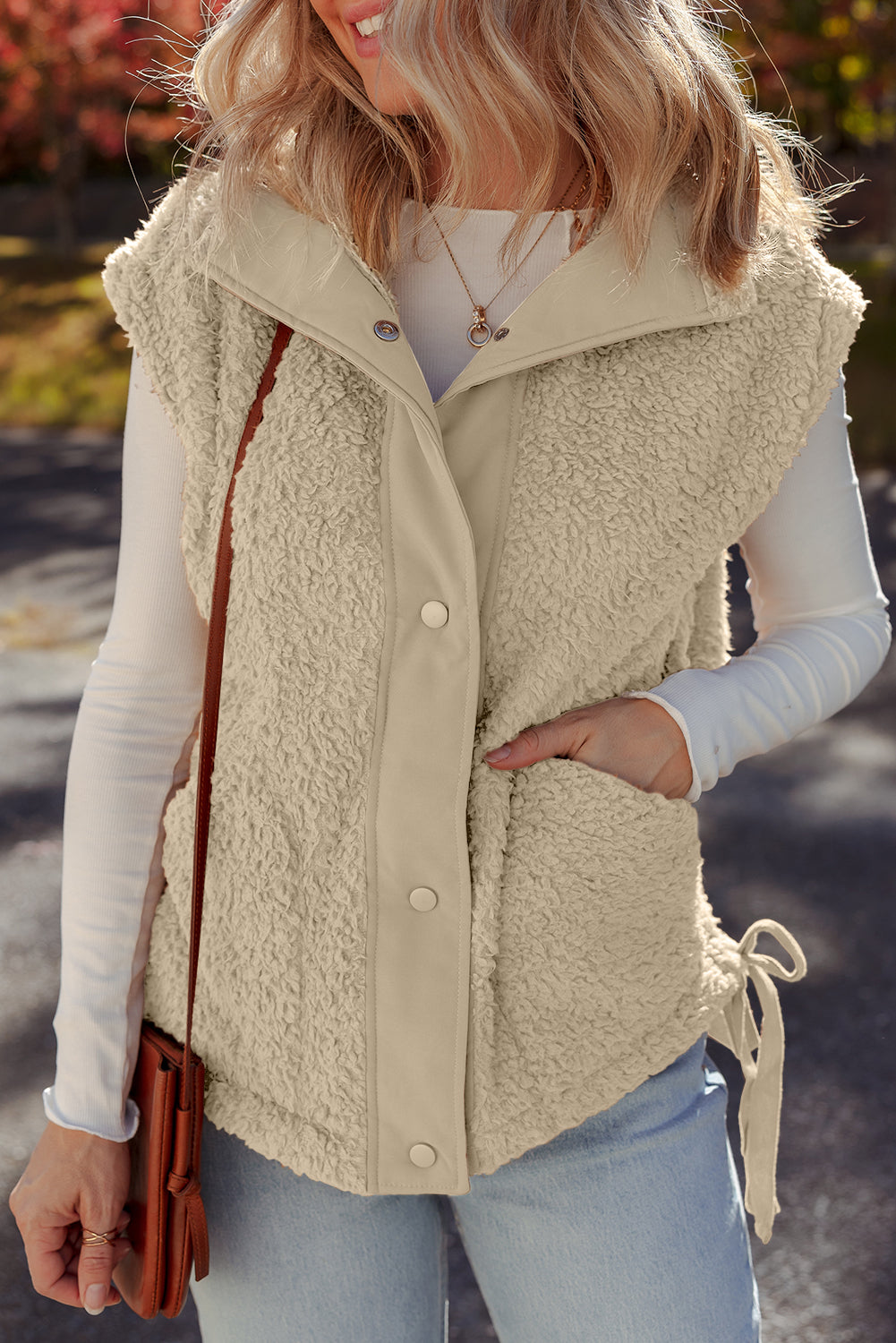 Cinnamon Faux Fur Snap Button Front Knot Side Plush Vest with Pockets