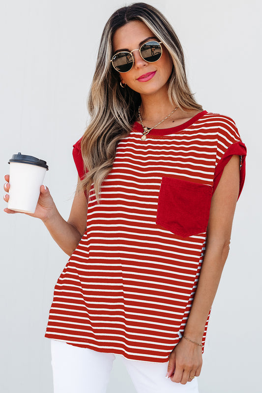 Red Stripe Chest Pocket Patch Round Neck Tank Top