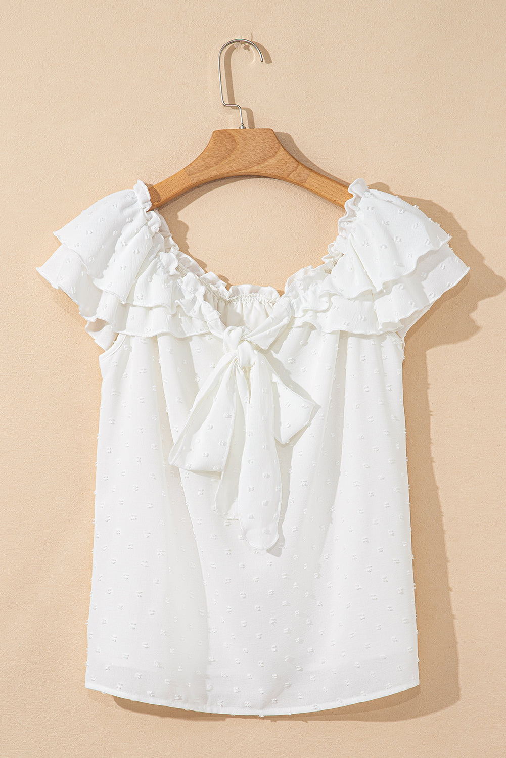 White Off Shoulder Ruffle Knotted Detail Swiss Dot Blouse