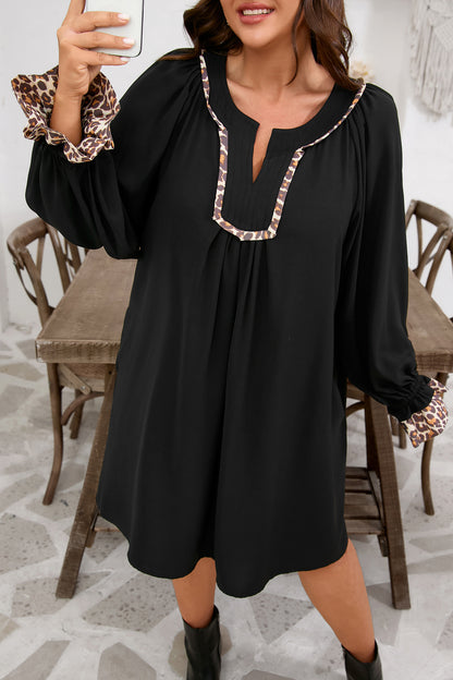 Black Plus Size Notched Neck Leopard Trim Flounce Long Sleeve Shift Dress