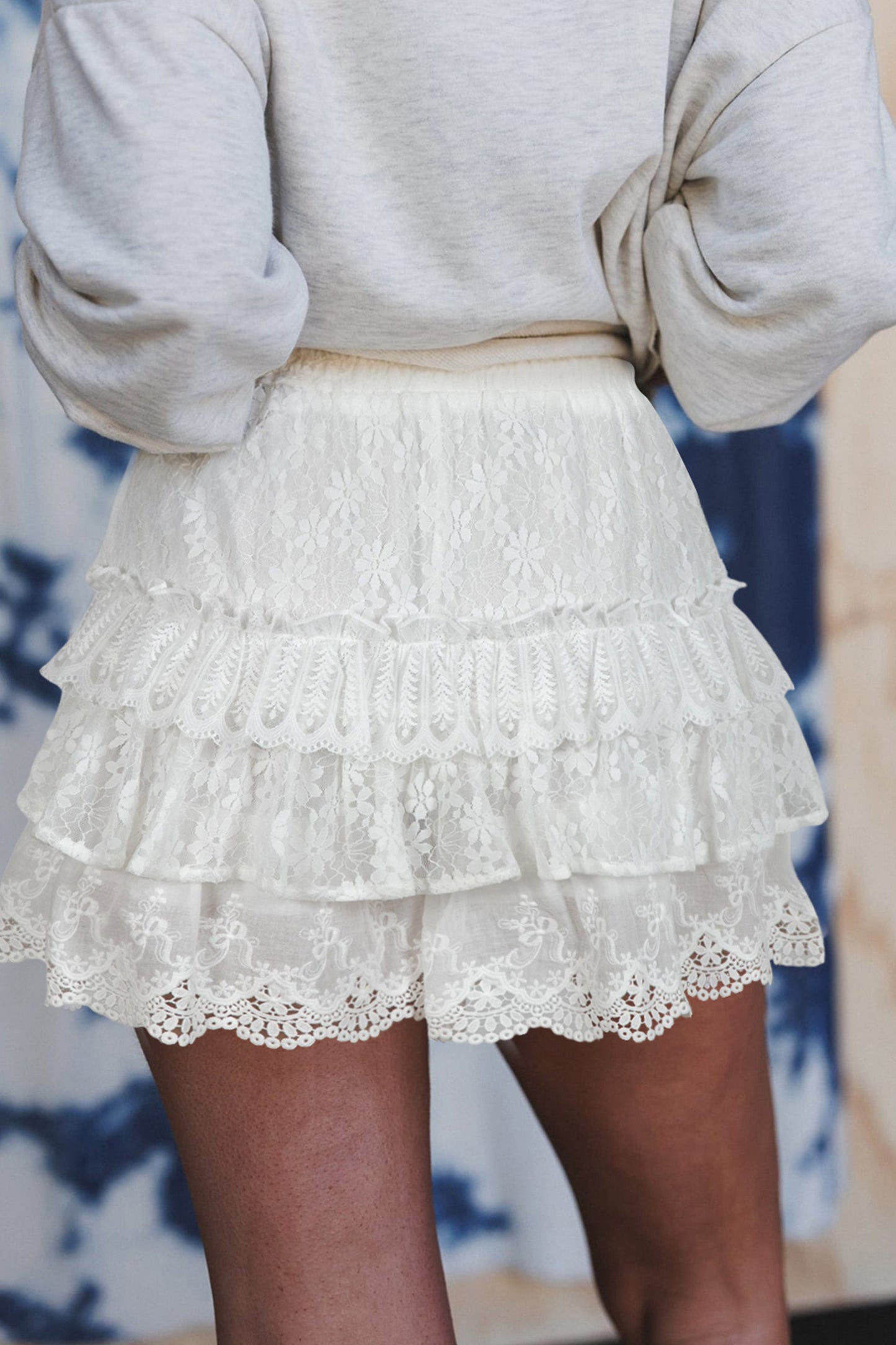 White Lace Ruffle Tiered Drawstring Elastic Waist Sweet Shorts