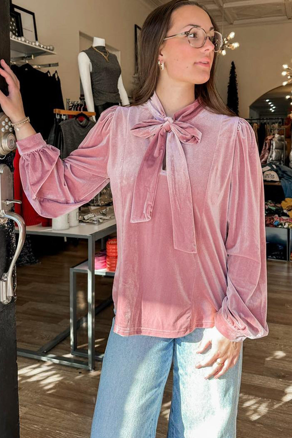 Fushia Solid Color Velvet Ribbon Bow Knot Long Sleeve Blouse