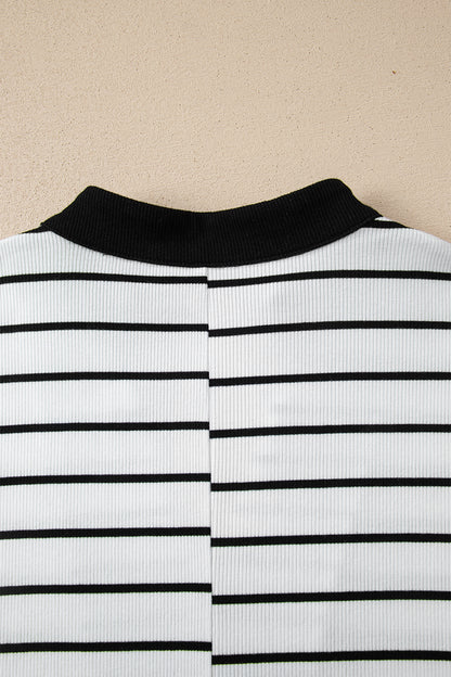 White Stripe Stand Collar V Neck Elastic Cuffs Half Sleeve Dolman Top