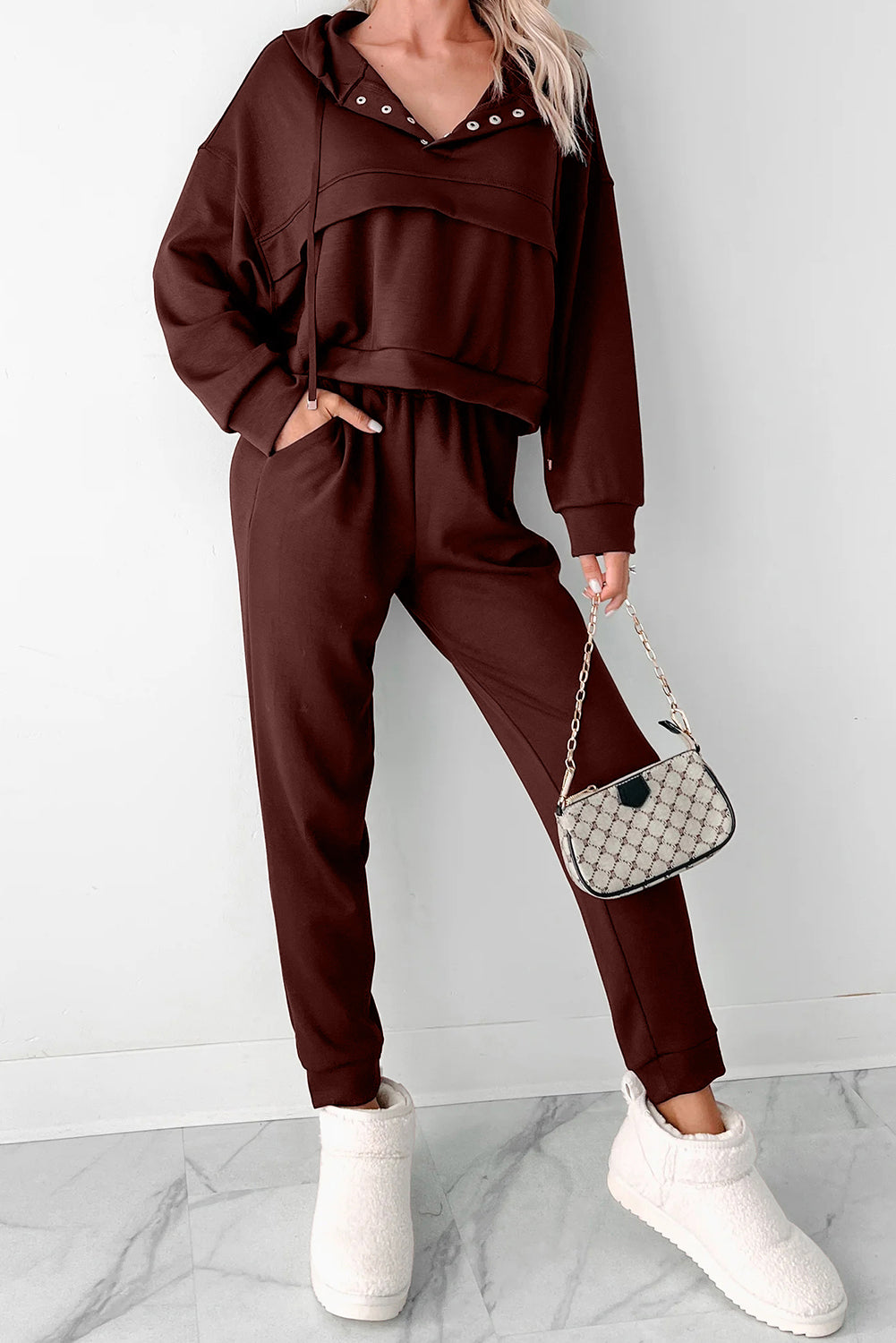 Chicory Coffee Button Drawstring Cropped Hoodie Jogger 2pcs Set