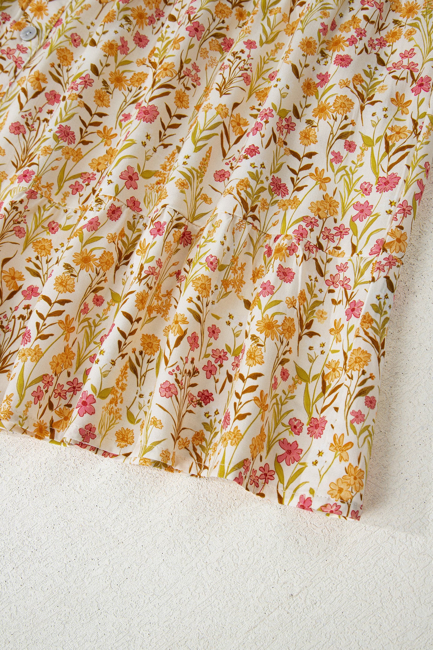 Yellow Floral Print Frilly Trim Smocked Cuff Long Sleeve Loose Shirt Dress