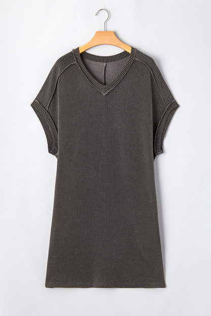 Carbon Grey Corded V Neck Plus Size T Shirt Dress with Pockets