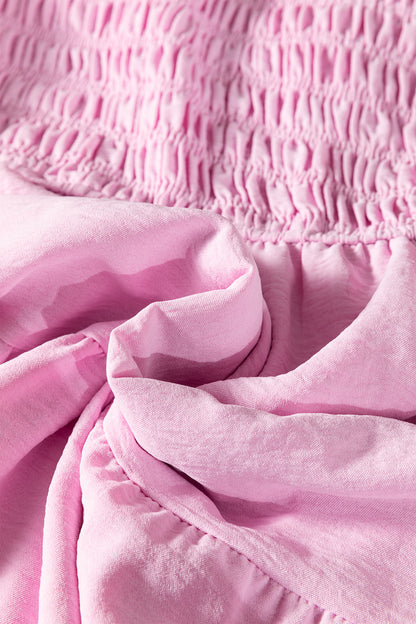 Pink Smocked Bodice Flutter Sleeve Fit Flare Tiered Midi Dress