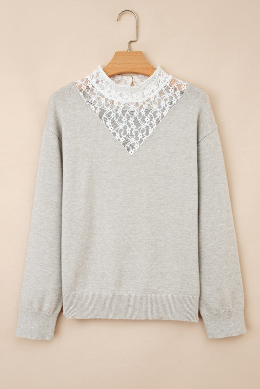 Light Grey Button Keyhole Lace Patchwork Drop Shoulder Sweater