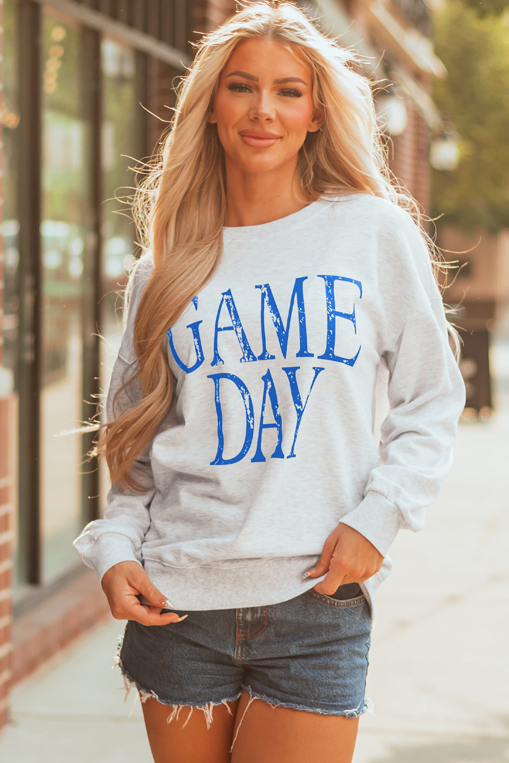 Blue Vintage Washed GAME DAY Graphic Baggy Sweatshirt