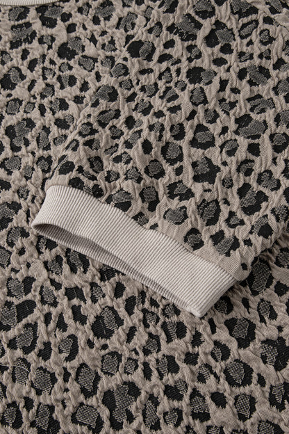 Khaki Jacquard Leopard Half Sleeve Jumper Wide Leg Pant Set