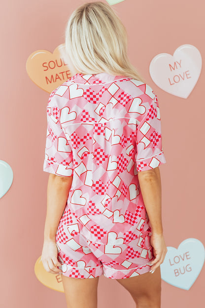 Pink Heart Print Shirt Style Silky Short Pajama Set