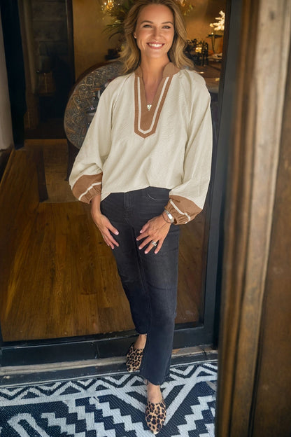 Jet Stream Color Block Patchwork Detail V Neck Textured Long Sleeve Blouse